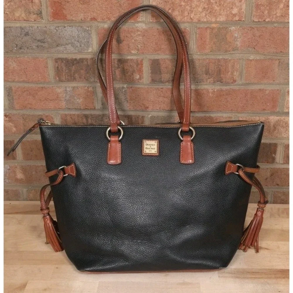 Dooney & Bourke Black Pebbled Leather Tassel Shopper Tote Bag Purse Handbag